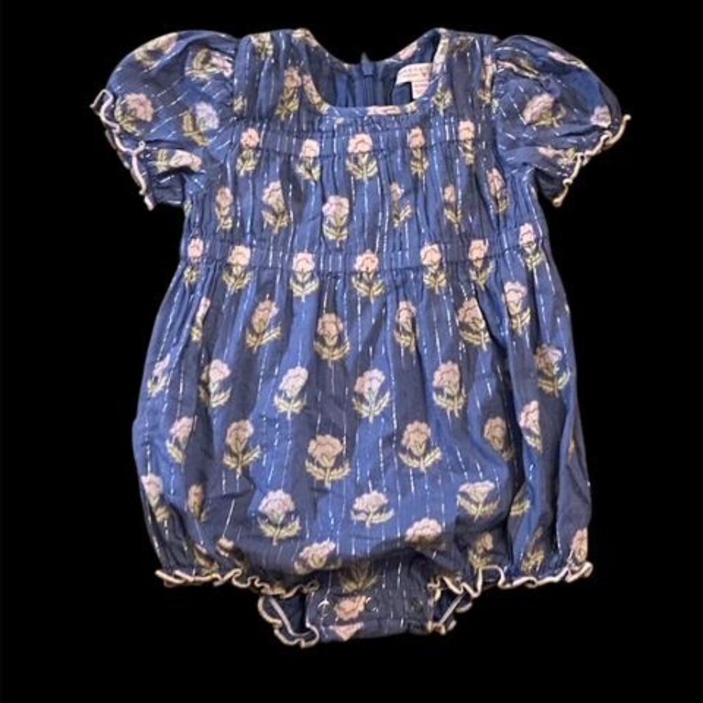Pink Chicken Waverly Girls Bubble Romper Blue Metallic Thread Floral 18/24 Month